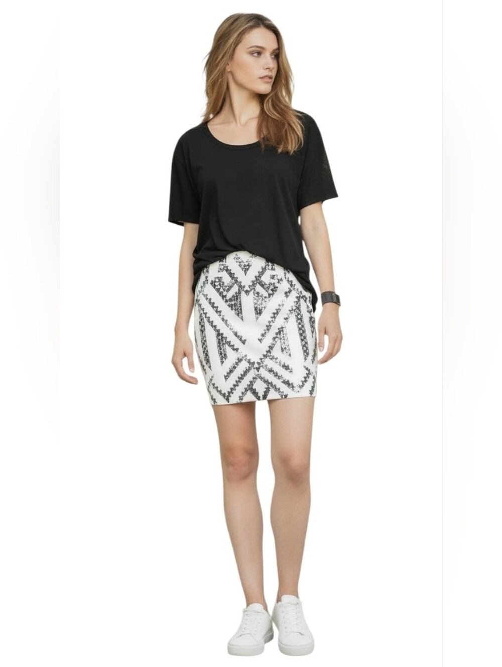 Express White Silver Aztec Sequin Mini Skirt Bodycon Size XS